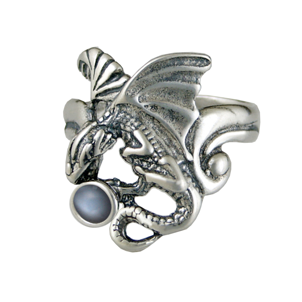 Sterling Silver Detailed Dragon Ring With Grey Moonstone Size 11